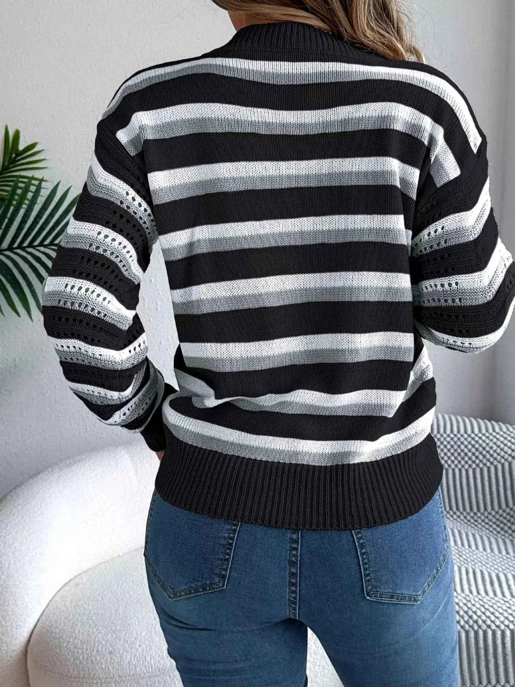 Round Neck Striped Long Sleeve Sweater