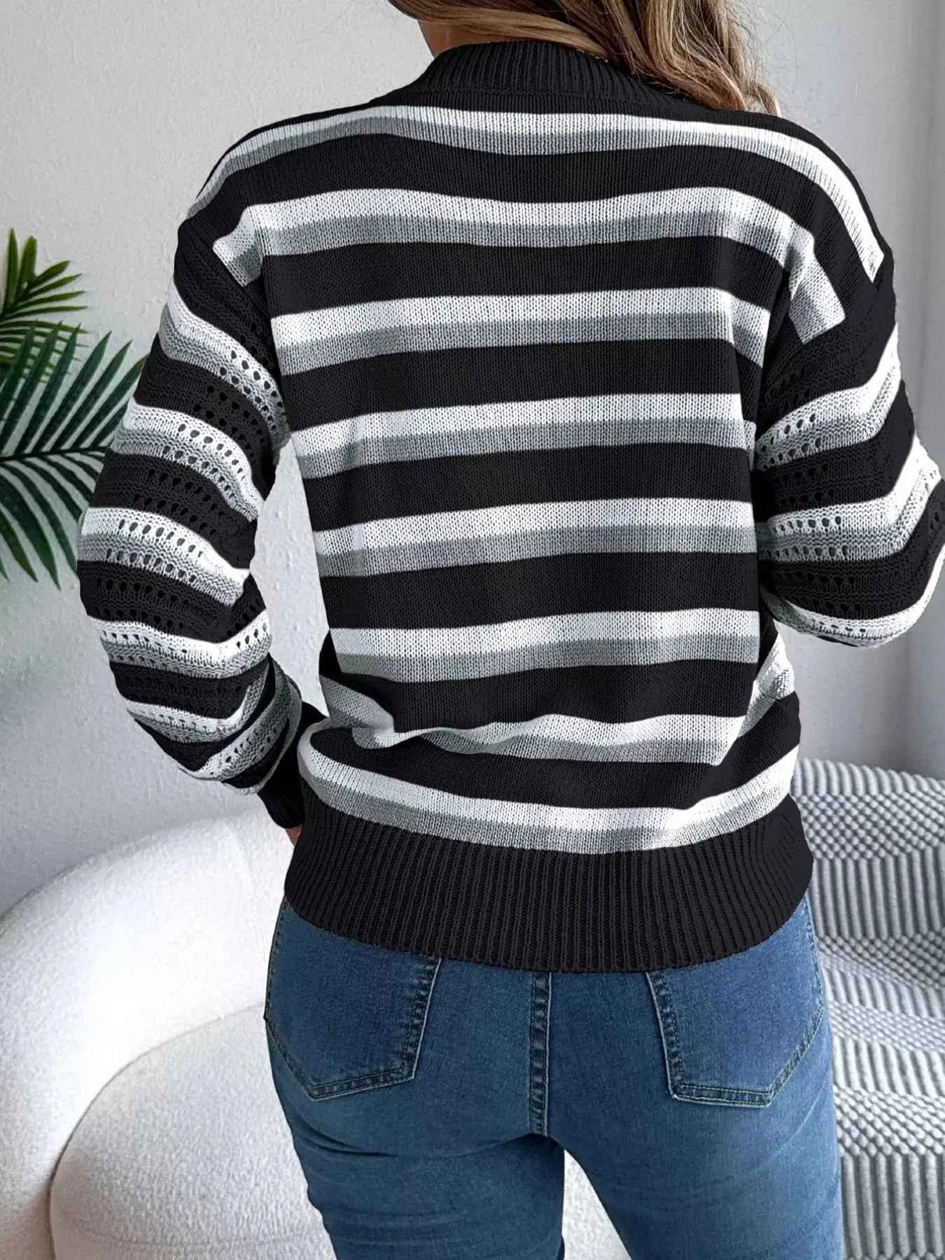 Round Neck Striped Long Sleeve Sweater