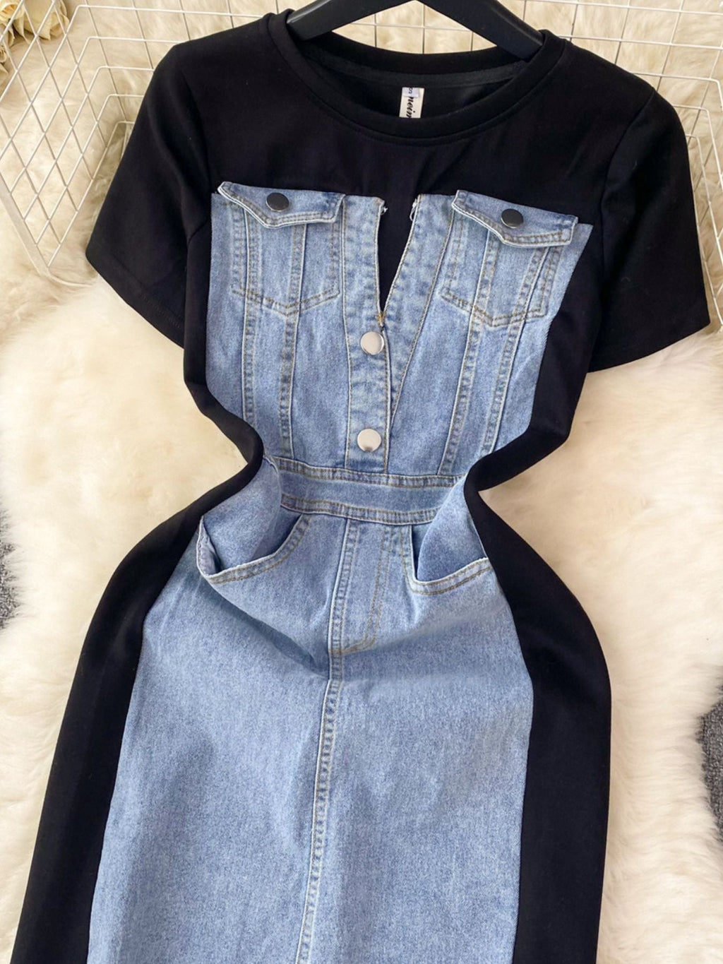 Full Size Denim Patchwork Short Sleeve Slit Back Dress Plus Size by Shopiebay