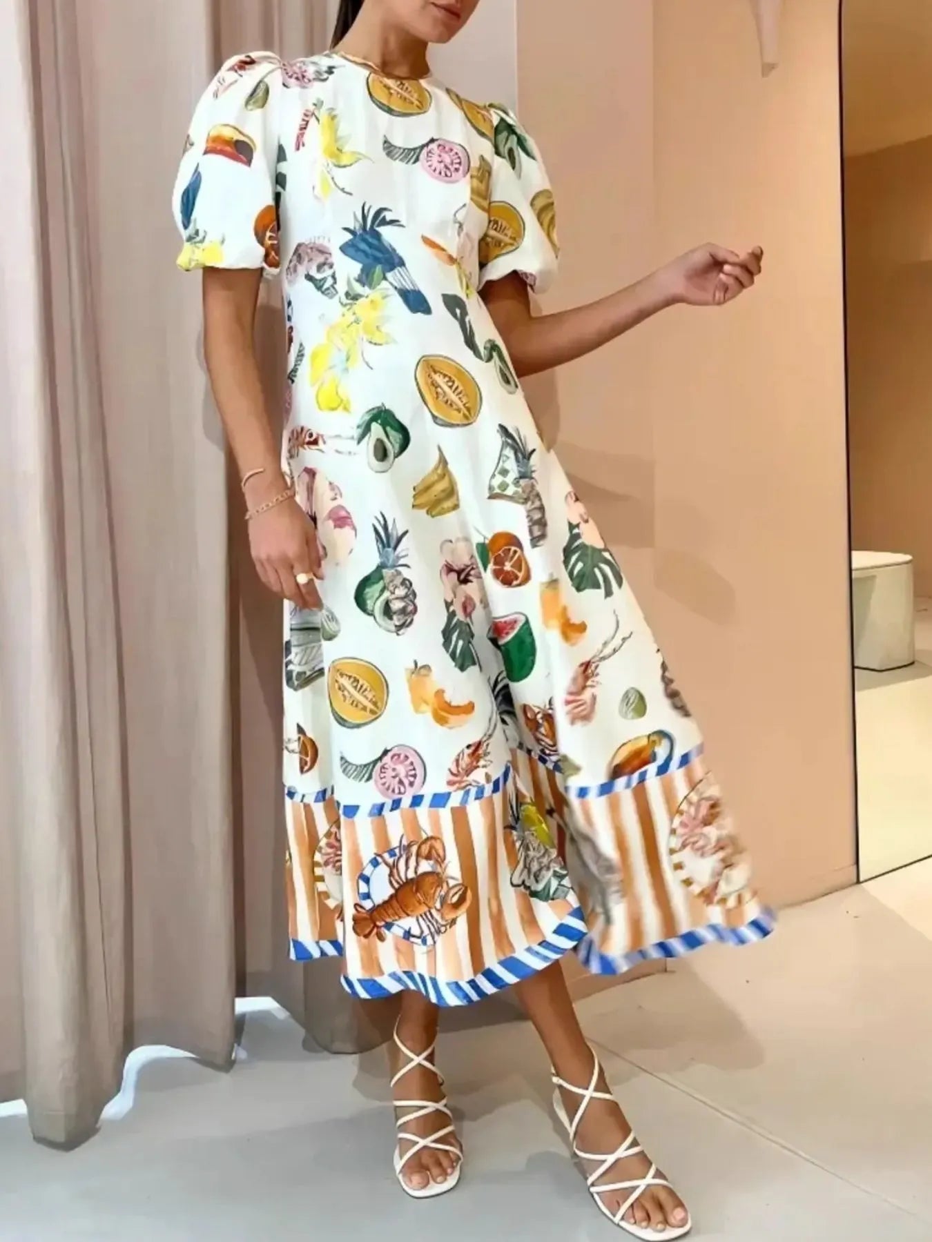 Printed Round Neck Puff Sleeve Dress by Shopiebay