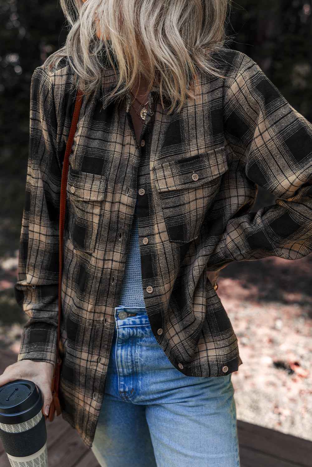 Multicolour Retro Plaid Double Flap Pocket Brushed Shacket