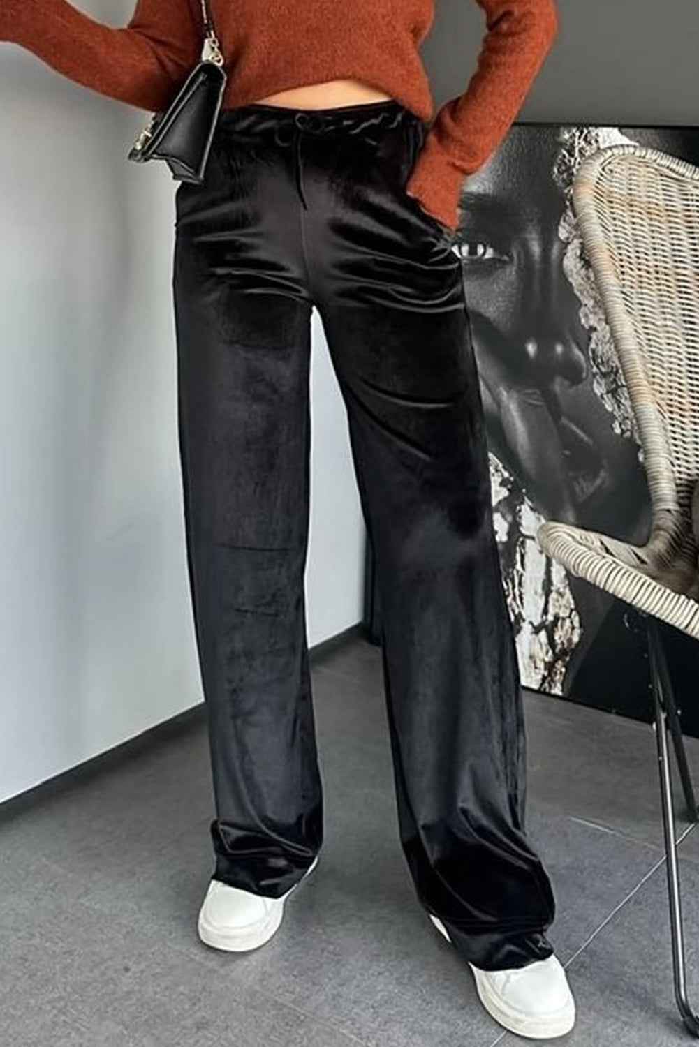 Black Shiny Velvet Drawstring High Waist Straight Leg Casual Pants