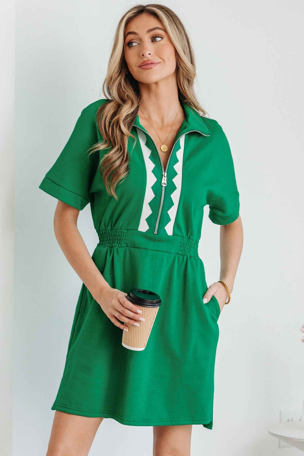 Bright Green Contrast Patchwork Half Zip Elastic Waist Short Sleeve Mini Dress