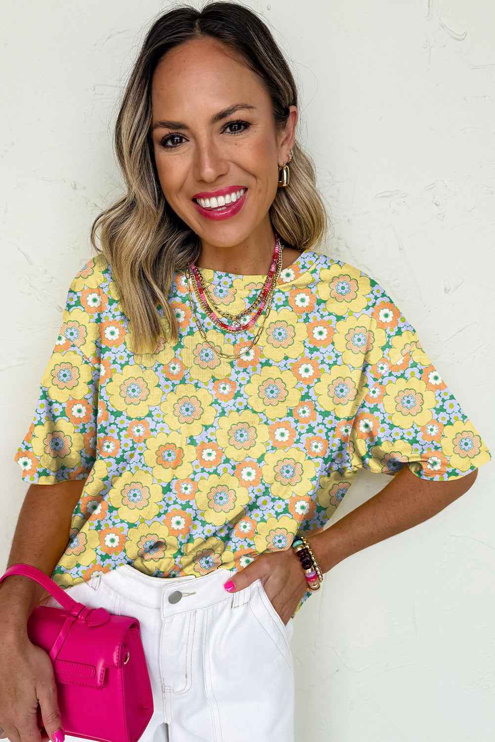 Yellow Summer Flower Print Drop Shoulder Loose T Shirt