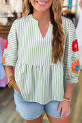 Green Stripe Flower Puff Sleeve Notched V Neck Babydoll Blouse