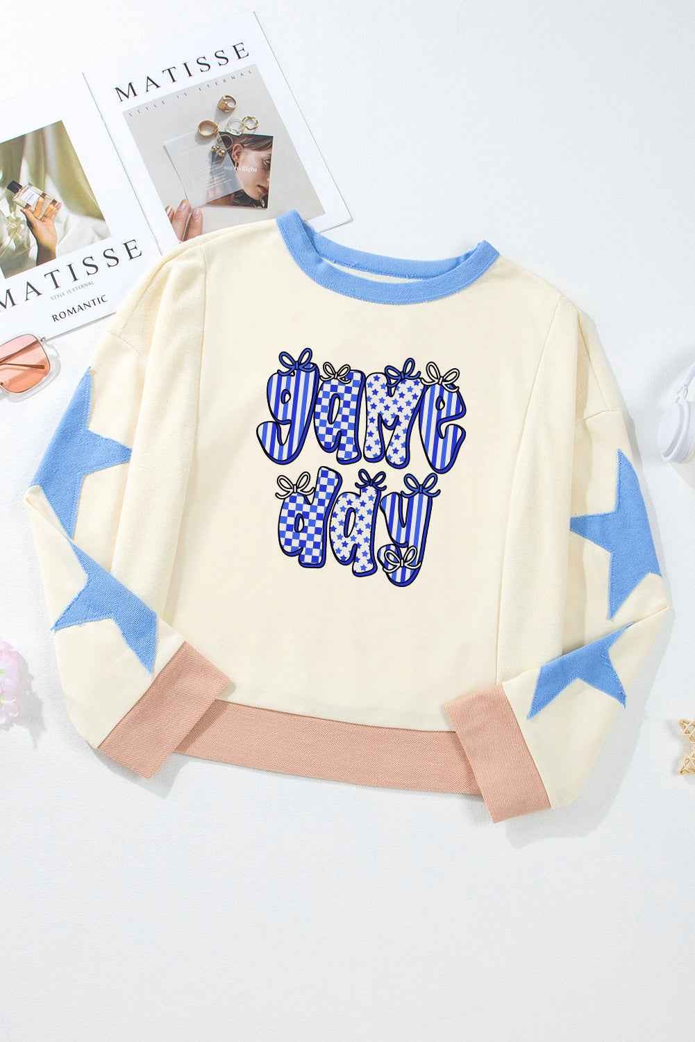 Beige Game Day Graphic Starry Patched Sleeve Contrast Trim Casual Sweatshirt