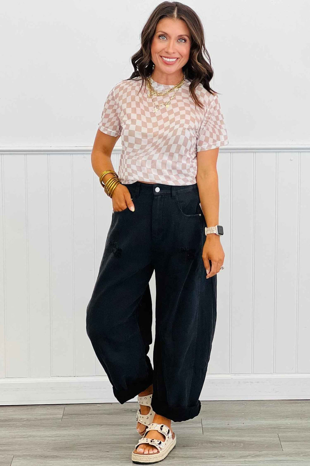 Khaki Checkered Print Mock Neck Mesh T Shirt