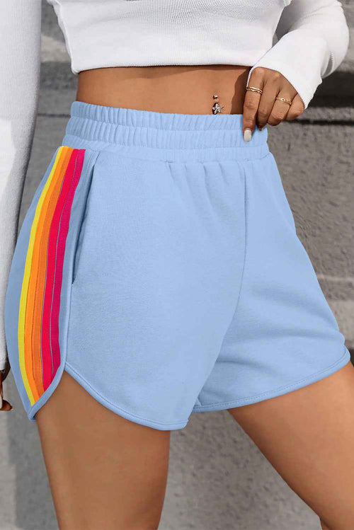 Beau Blue Color Block Stripes Elastic High Waist Active Shorts by Wild and Free Boutique