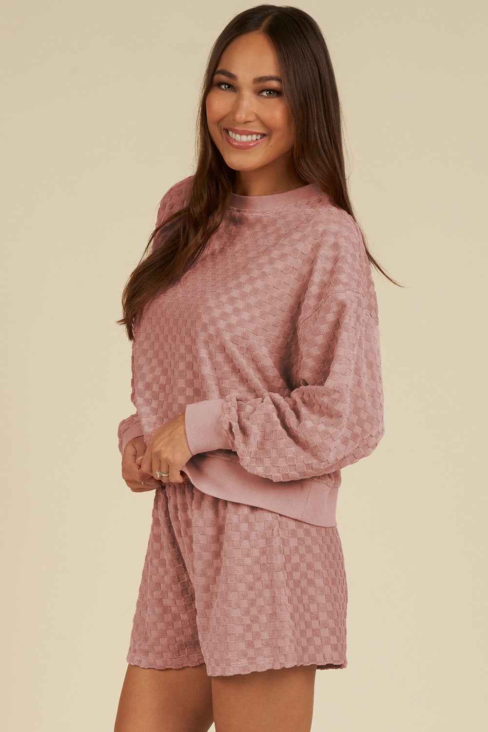 Blossom Checkered Textured Long Sleeve Top and Shorts Set