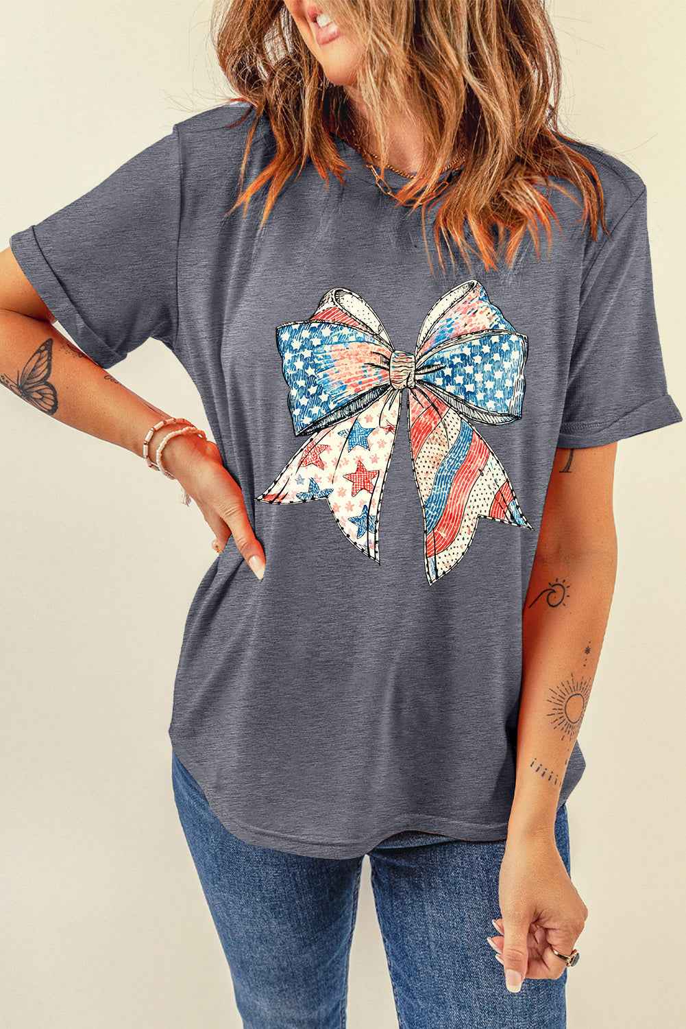 Gray USA Flag Bow Print Round Neck Loose T Shirt