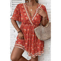 Orange Plus Size Printed Surplice Neck Empire Waist Flowy Mini Dress
