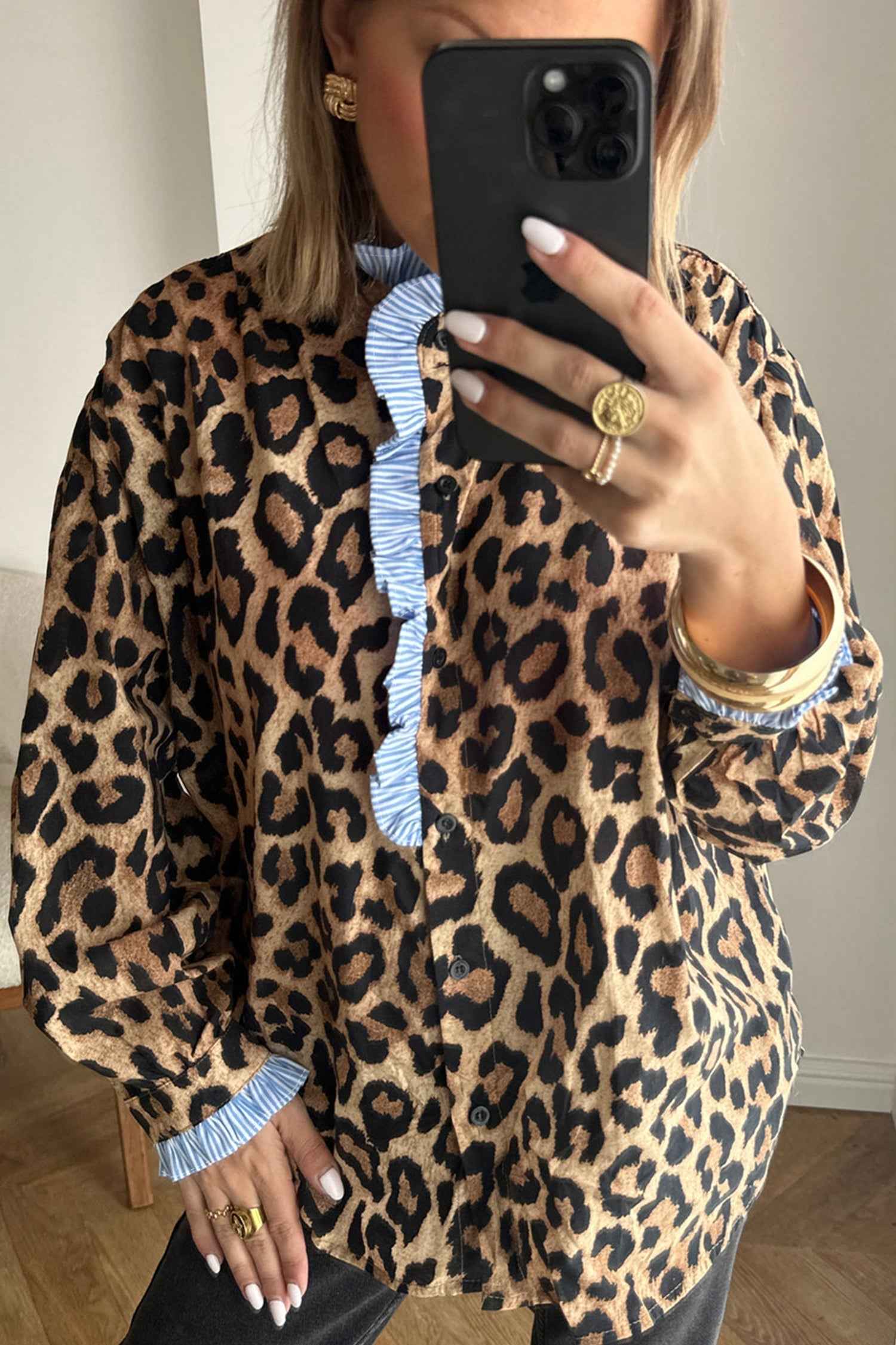 Brown Wild Leopard Print Contrast Striped Frilled Trim Chic Shirt