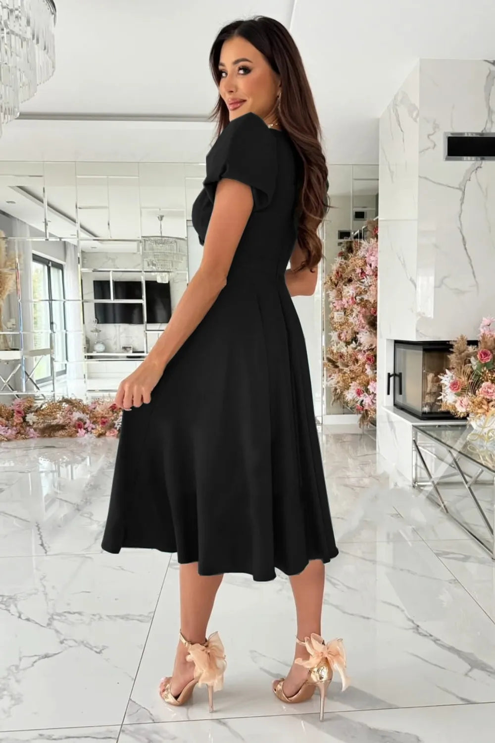 Surplice Puff Sleeve Midi Dress by Shopiebay