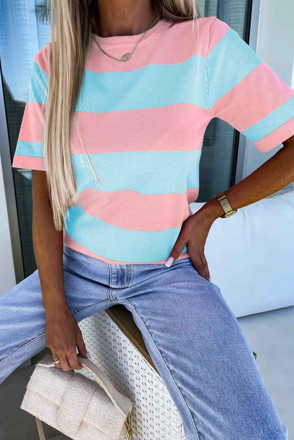 Black Stripe Colorblock Striped Knitted T shirt