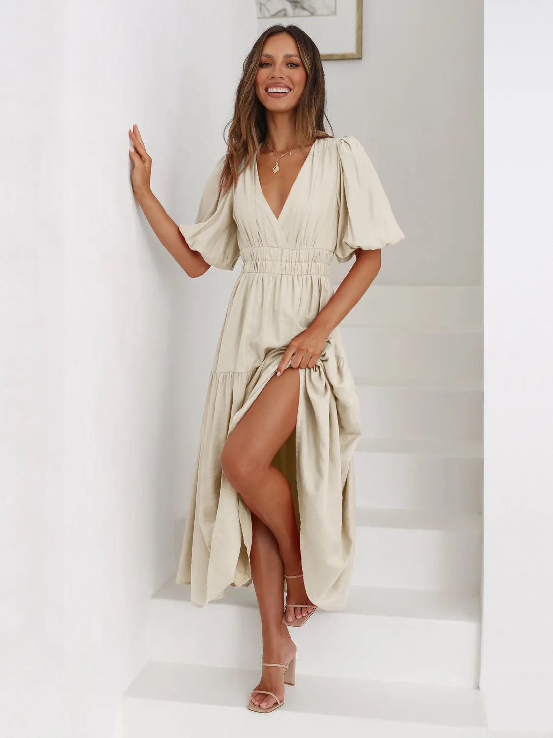 Tiered Surplice Half Sleeve Midi Dress by Shopiebay