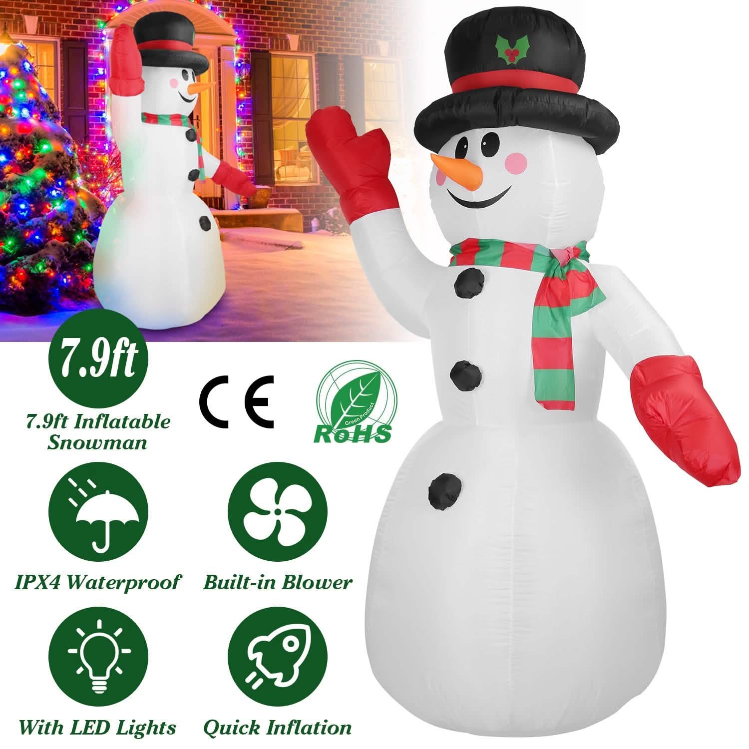 7.9ft Christmas Inflatable Giant Snowman Blow Up with LED Lights Hat Scarf by DailySale