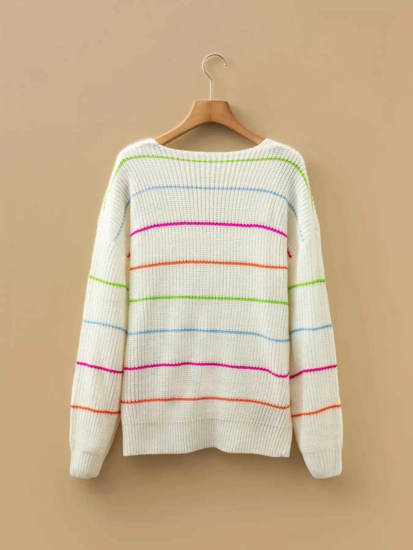 Colorful Striped Detail V-Neck Baggy Drop Shoulder Sweater