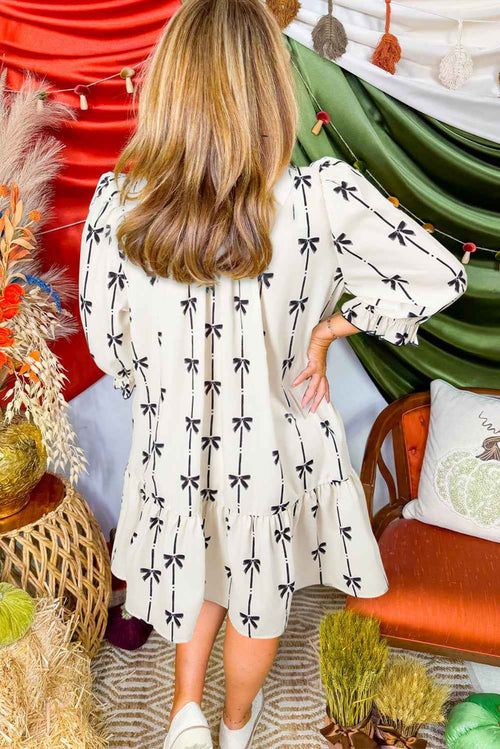 Apricot Striped Bow Print Puff Sleeve Ruffle Plus Size Mini Dress by Wild and Free Boutique
