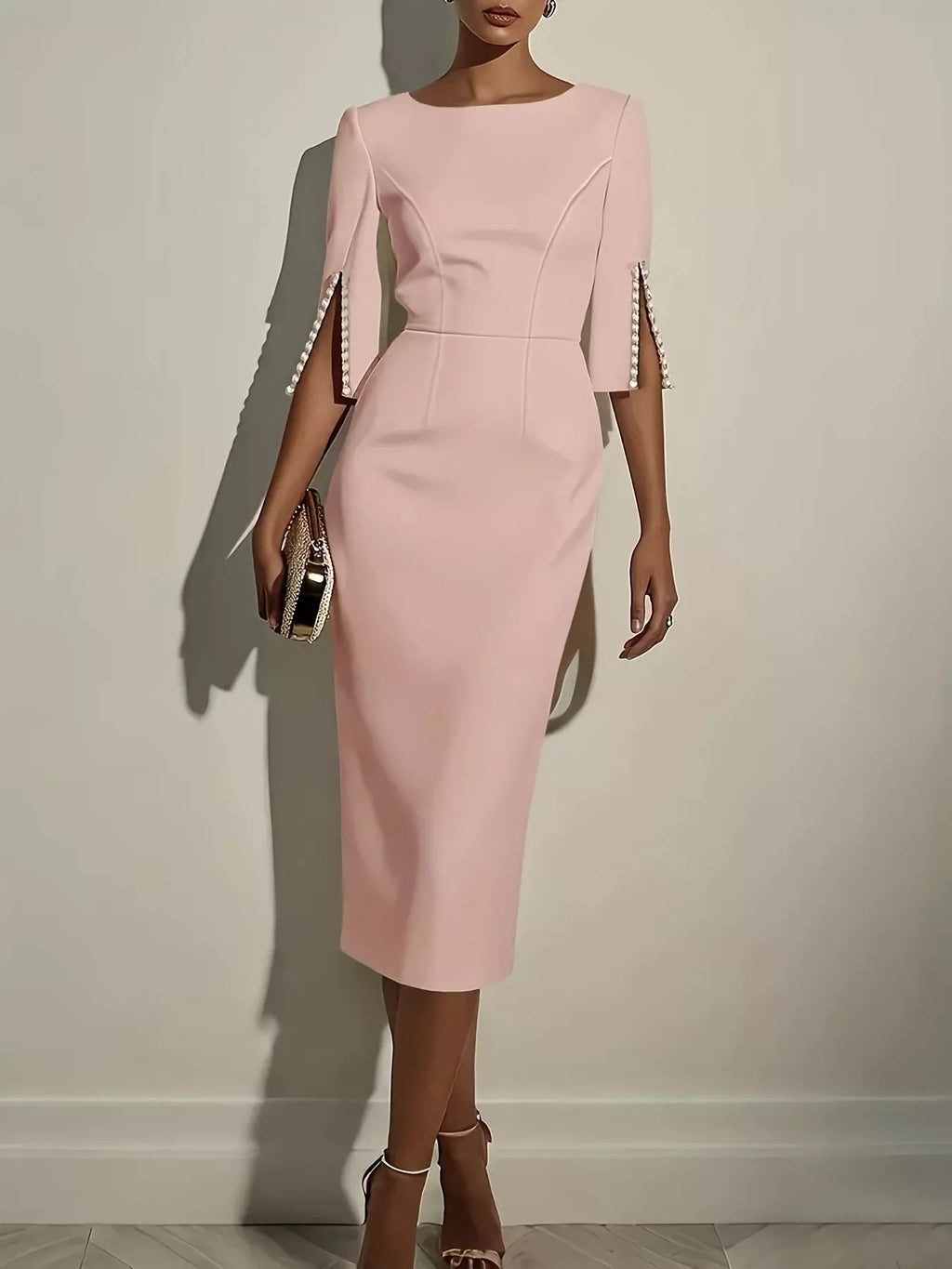 Slim-Fit Elegant Midi Dress with Beaded Slit Sleeve by Shopiebay