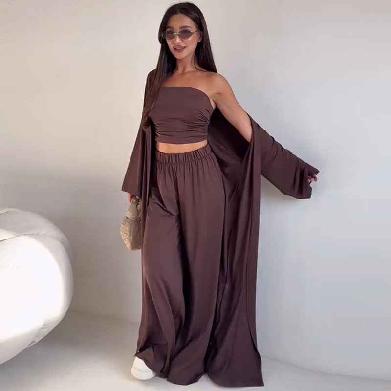 Casual Mid-calf Top Vest Long Cardigan Wide-leg Pants Three-piece Set