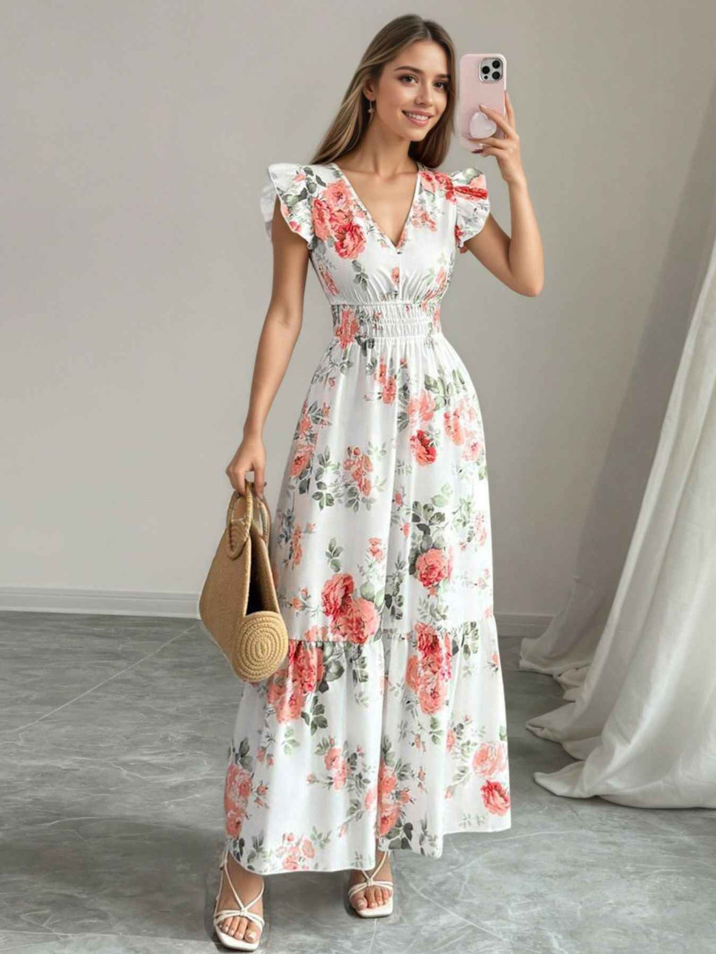 Floral Print Ruffle Sleeve Tiered Maxi Dress