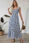 Sky Blue Boho Print Smocked High Waist Maxi Dress
