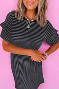 Black Stripe Ruffled Short Sleeve Crew Neck T Shirt Shift Mini Dress
