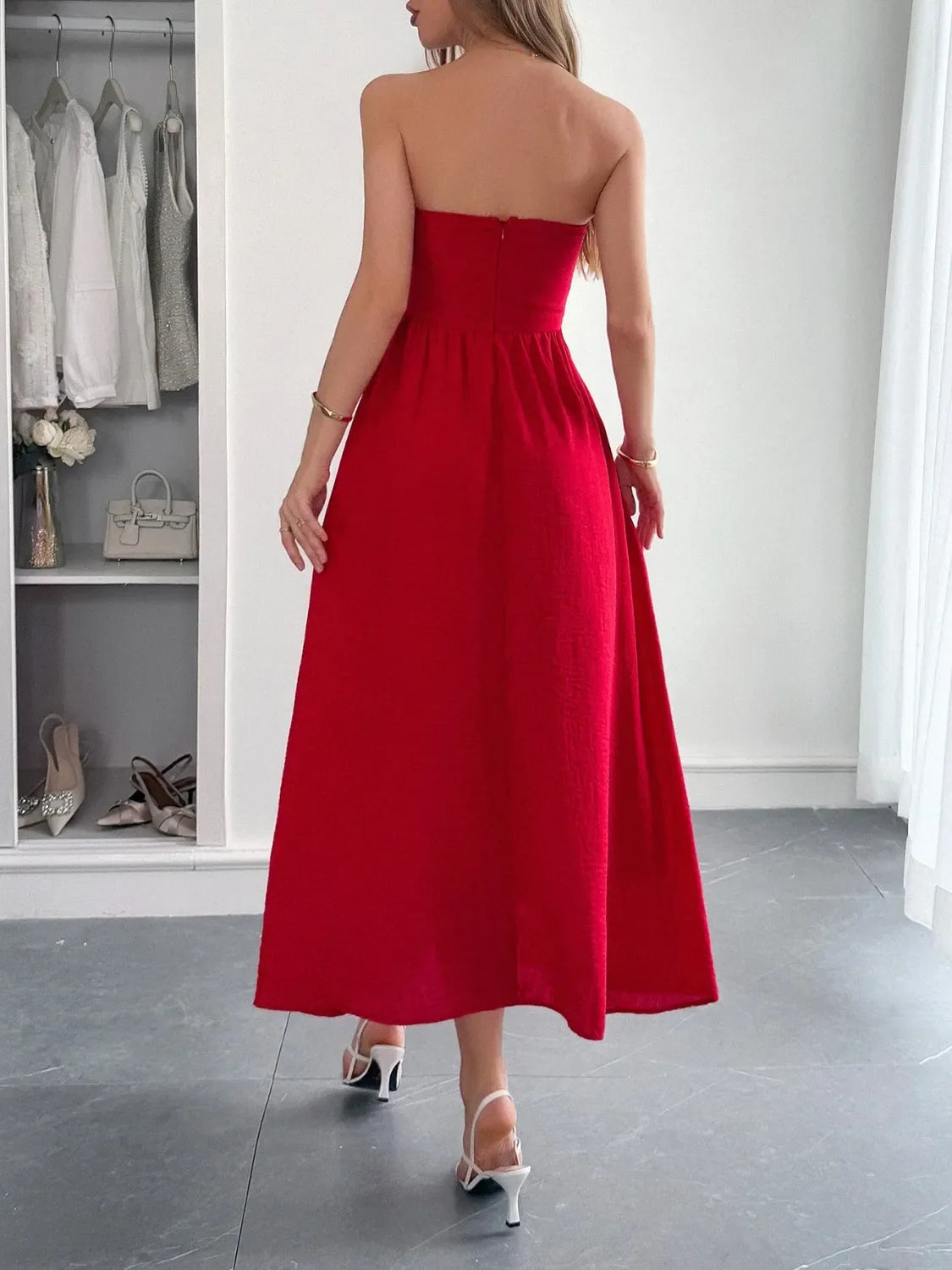 Strapless A-Line Midi Dress with Pockets by Shopiebay
