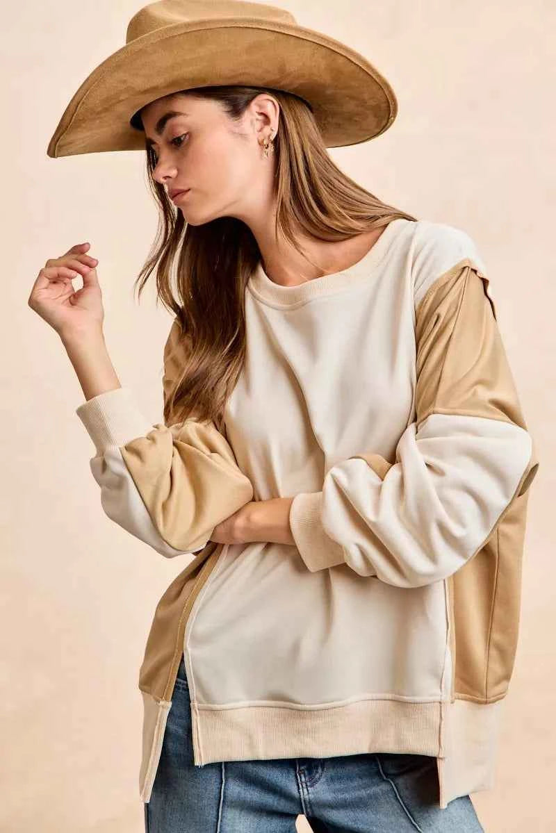 BiBi French Terry Color Block Top With Open Seam Detail
