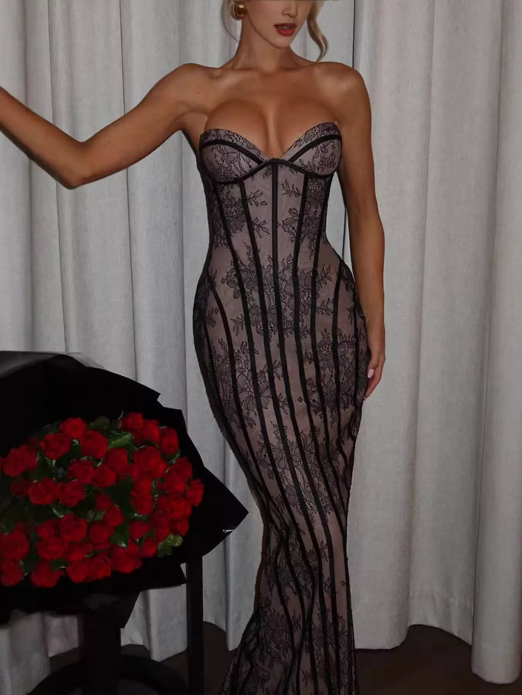 Lace Up Back Strapless Maxi Dress by Shopiebay
