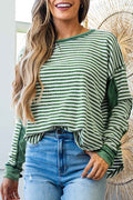Khaki Stripe Thermal Knit Drop Shoulder Casual Top by Wild and Free Boutique