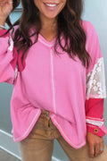 Bonbon Lace Floral Patchwork Sleeve Stitching V Neck Rib Knit Blouse