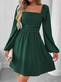 Ruched Square Neck Long Sleeve A-Line Dress
