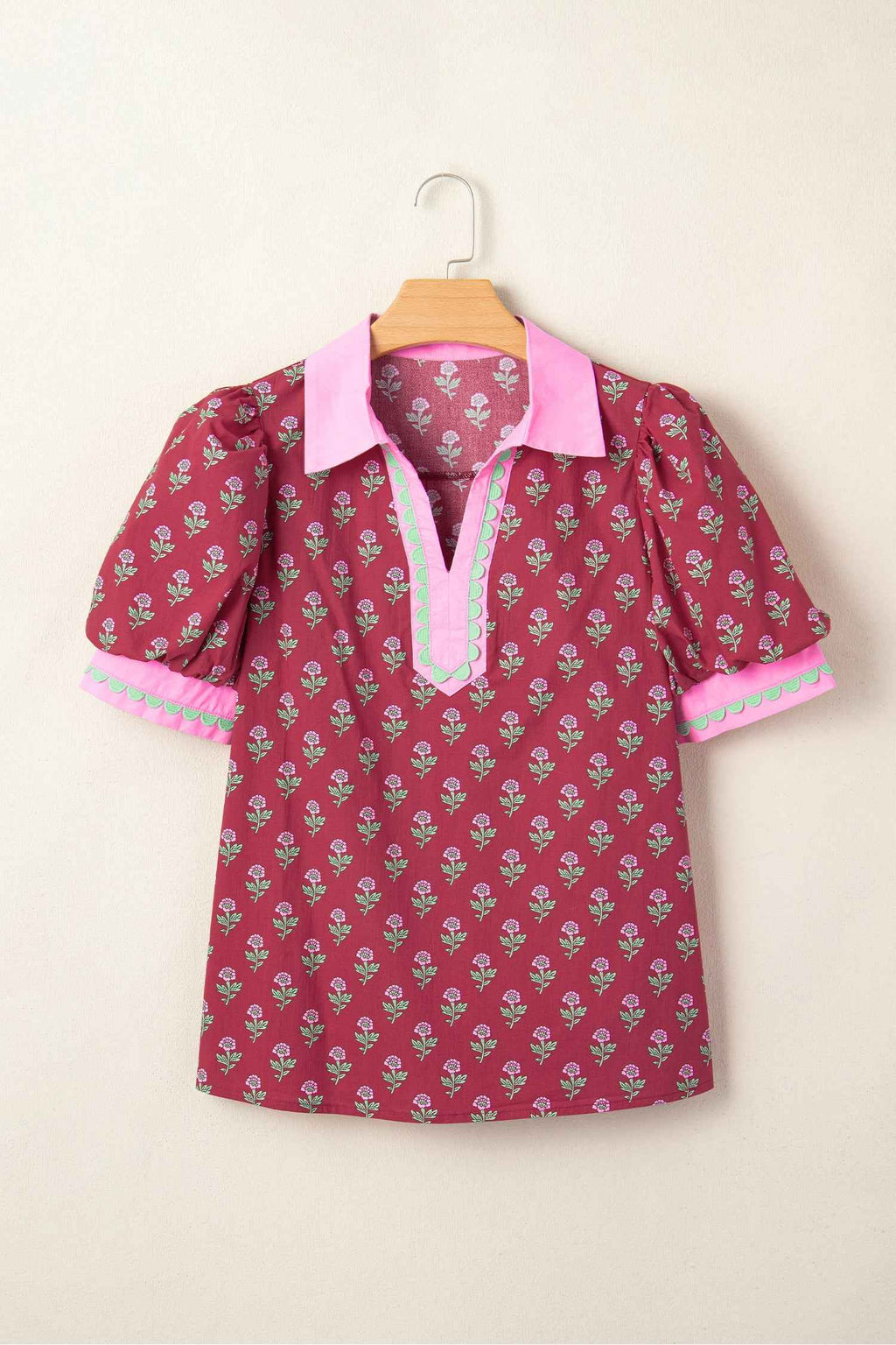 Red Contrast Collared V Neck Ricrac Trim Short Puff Sleeve Flower Blouse