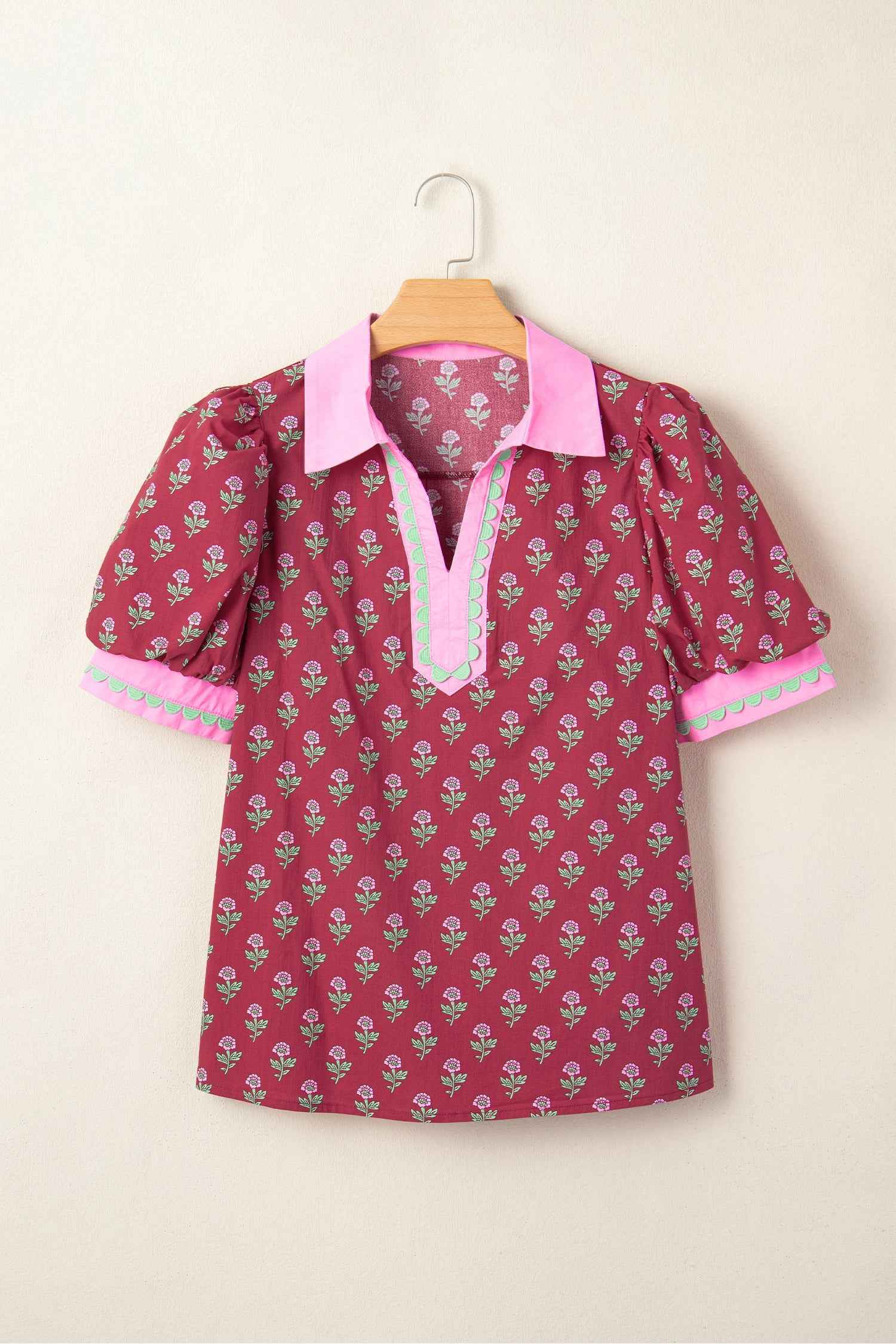 Red Contrast Collared V Neck Ricrac Trim Short Puff Sleeve Flower Blouse