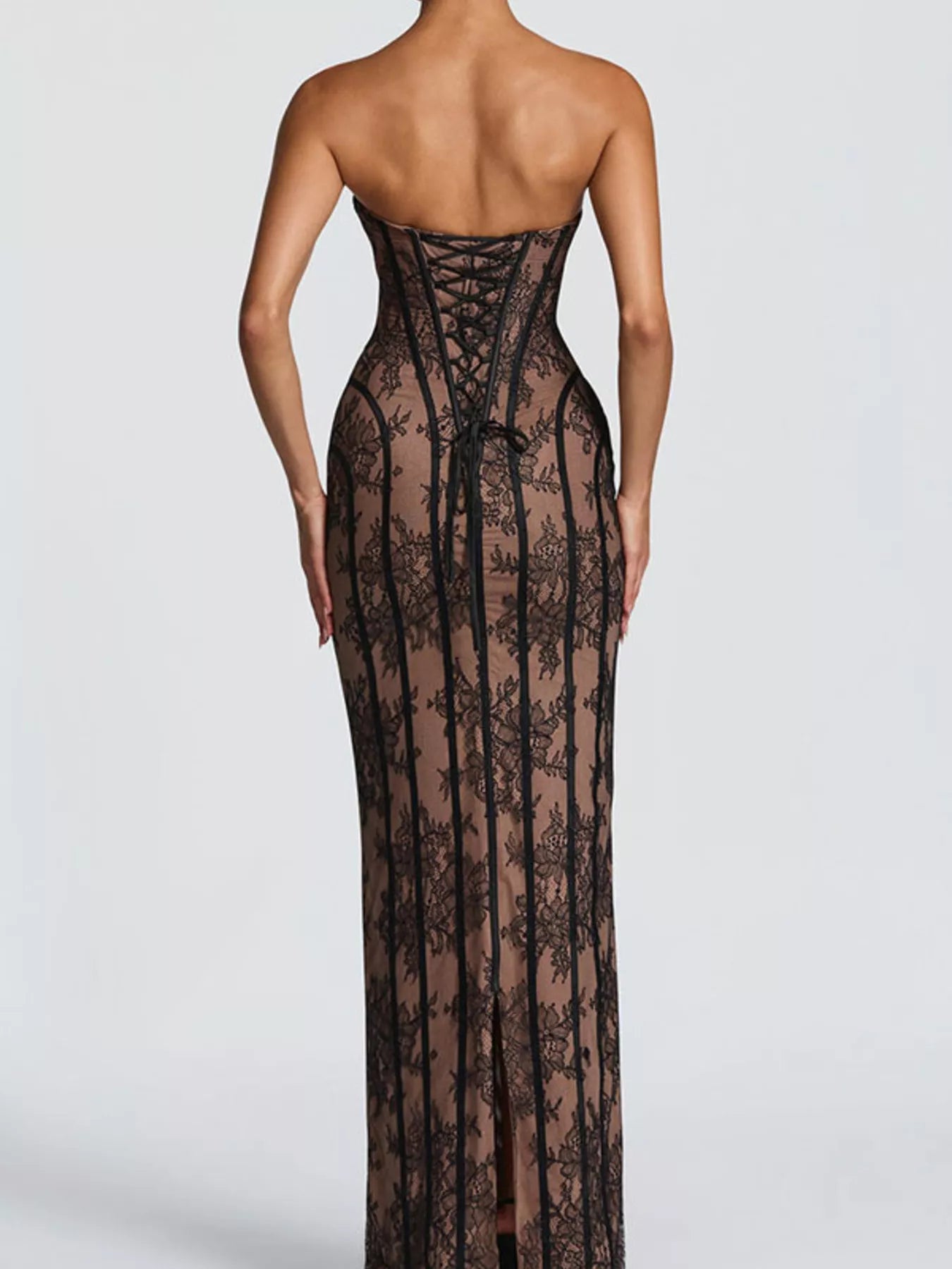 Lace Up Back Strapless Maxi Dress by Shopiebay