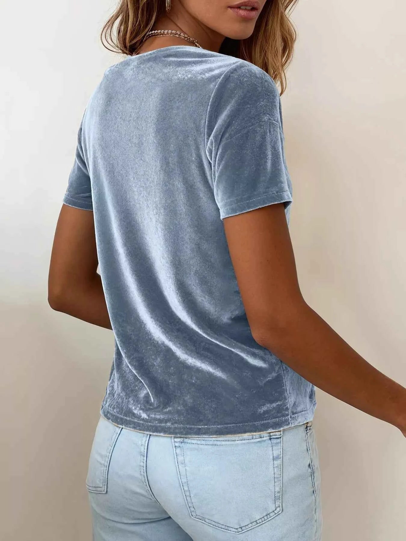 Velvet Cowl Neck Short Sleeve Top