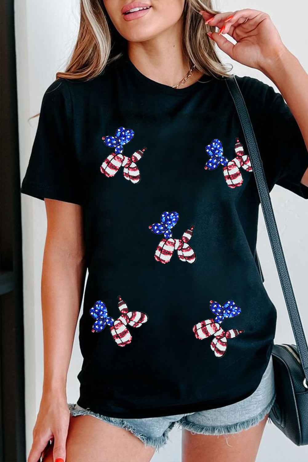 Black Patriotic Sequin Balloon Puppy Graphic Crewneck Tee