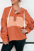 Cinnamon Striped Waffle Patchwork Drawstring Hooded Long Sleeve Top
