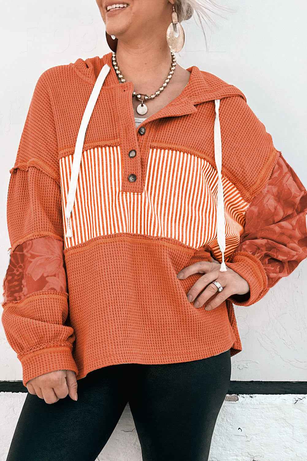 Cinnamon Striped Waffle Patchwork Drawstring Hooded Long Sleeve Top
