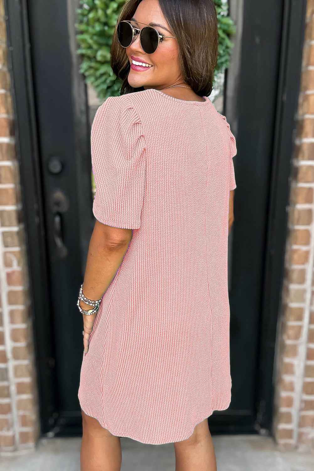 Blossom Corded Knit Crew Neck Puff Sleeve Shift Mini Dress