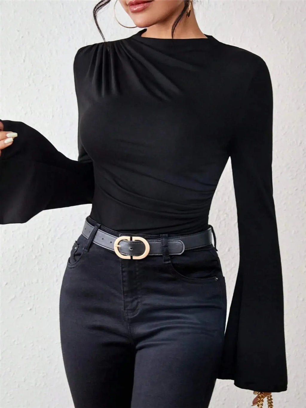 Bell Sleeve Fitted Ruched T Shirt with Mock Neck