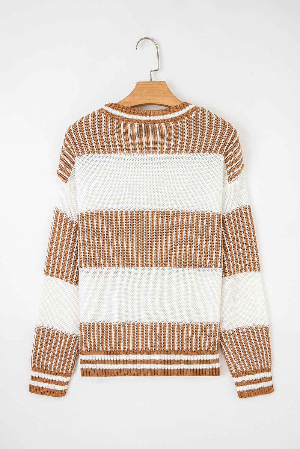 Khaki Two Tone Striped Patchwork Drop Shoulder Loose Sweater