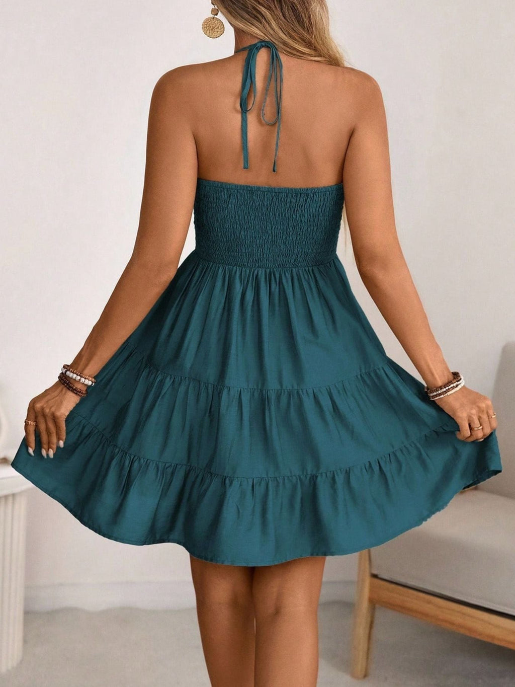 Smocked Halter Neck Tiered Dress by Shopiebay