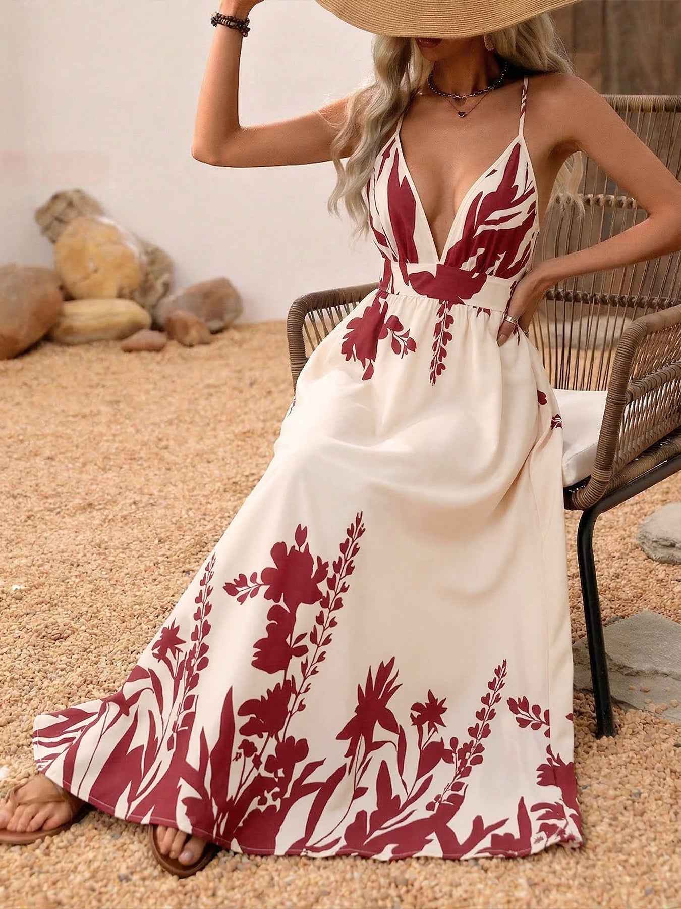 Deep V Neck Spaghetti Strap Maxi Dress