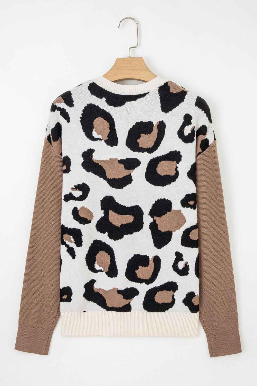 Jet Stream Leopard Print Color Block Patchwork Sleeve V Neck Sweater