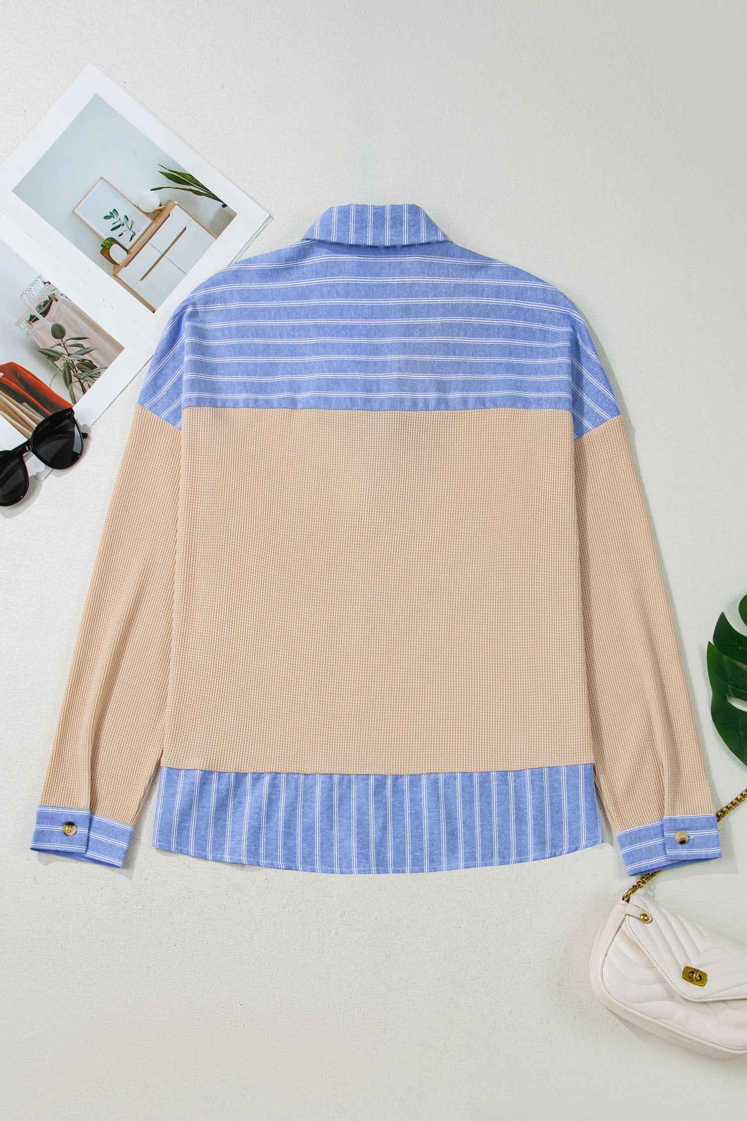 Parchment Plus Size Striped Contrast Trim Waffle Knit Collared Top