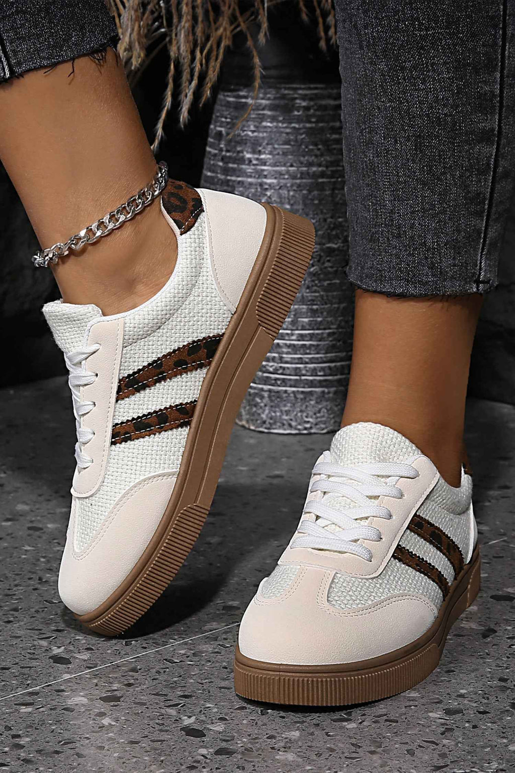 White Textured Woven PU Leather Leopard Patchwork Flat Sneakers