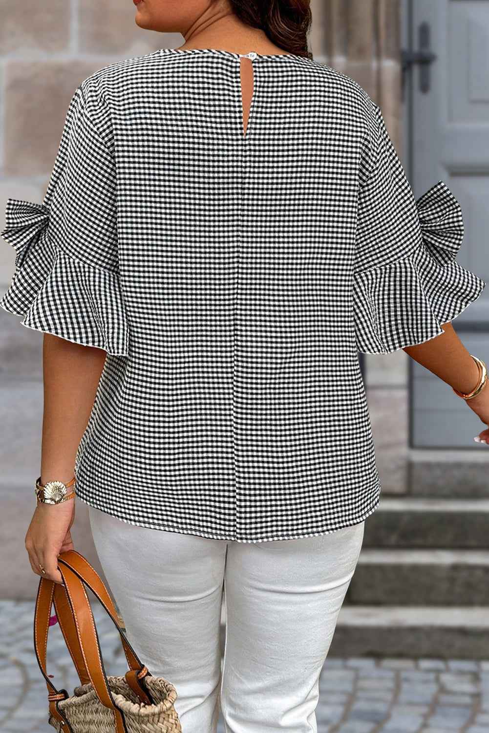 Black Plus Size Plaid Bow Decor Bell Sleeve Round Neck Jumper