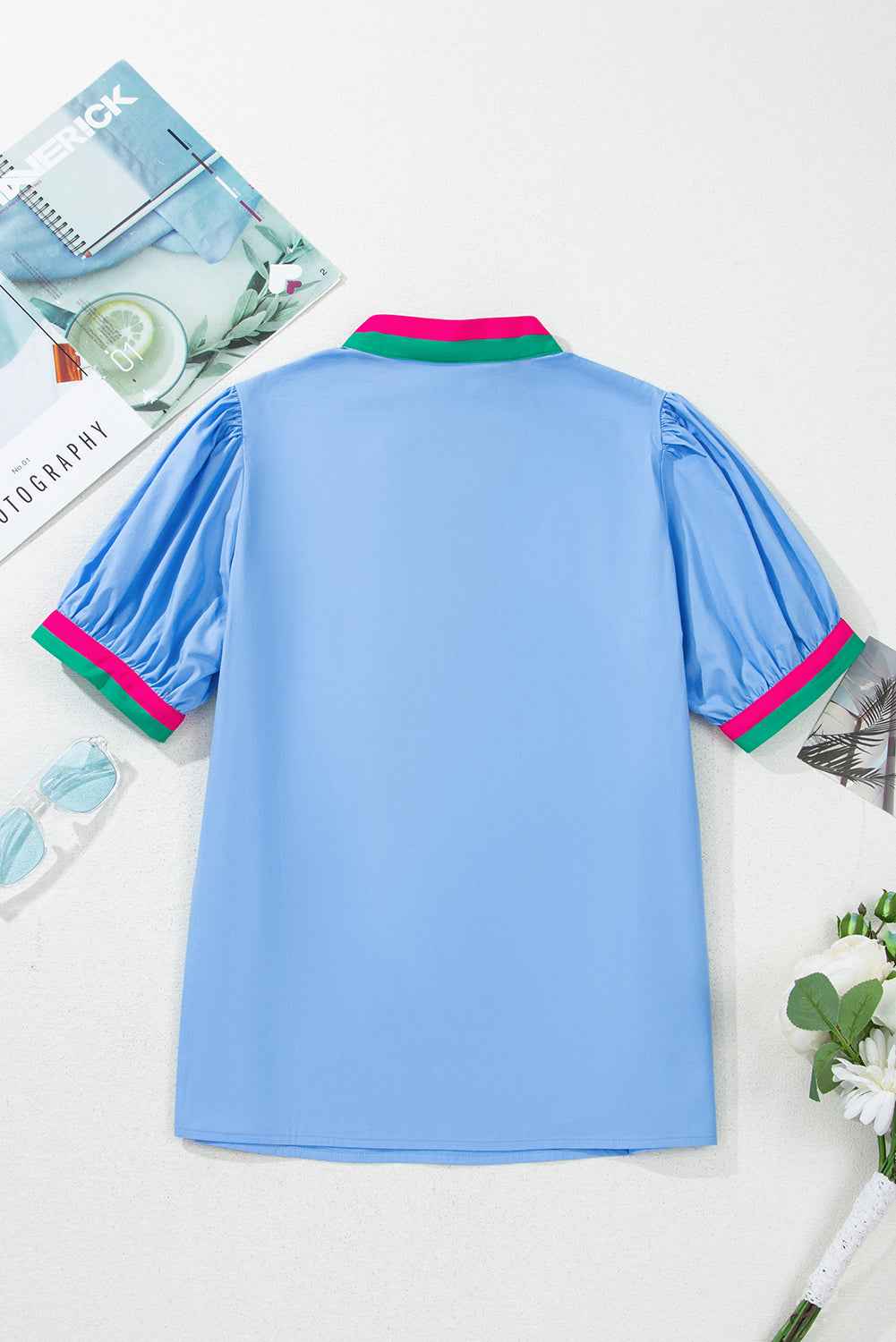 Sky Blue Puff Sleeve Pop of Color Neckline Blouse